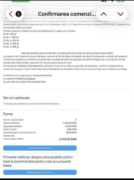 Vand 4 bilete La Concertul Andre Rieu Cluj Napoca