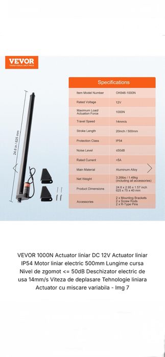 Actuator liniar 12V, cursa de 500mm,forta impingere/tragere 1000N
