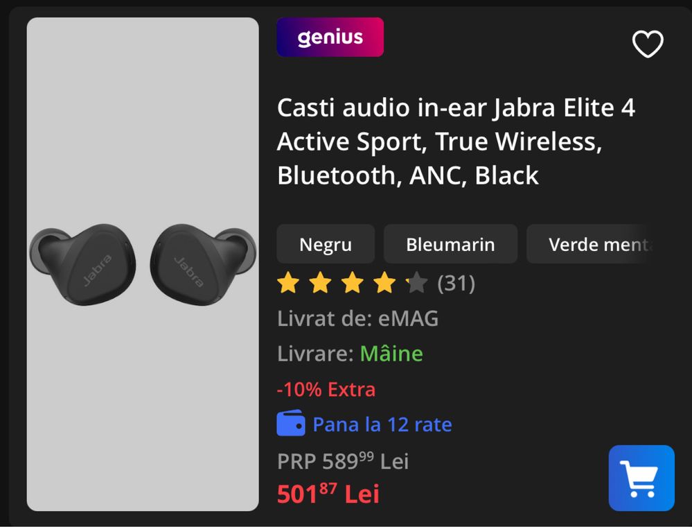Casti bluetooth Jabra Elite 4 Active noi sigilate black