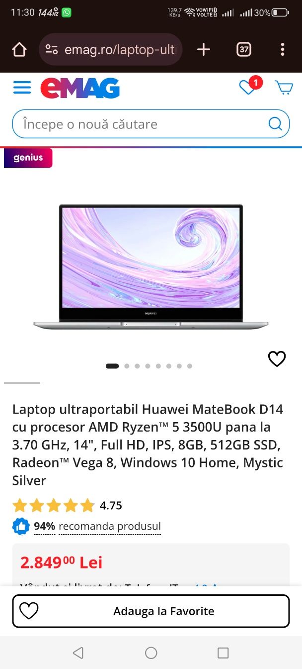 Laptop Huawei D14_Ryzen 5_SSD_14"IPS FHD --ca NOU