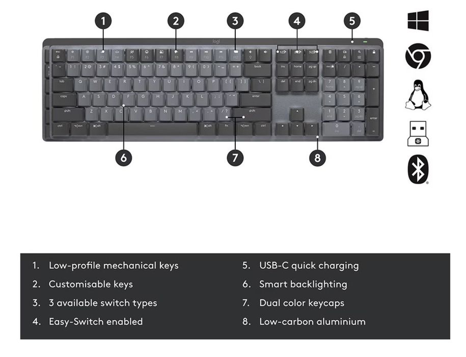 Tastatura Wireless LOGITECH MX Mechanical, Bluetooth, USB, gri