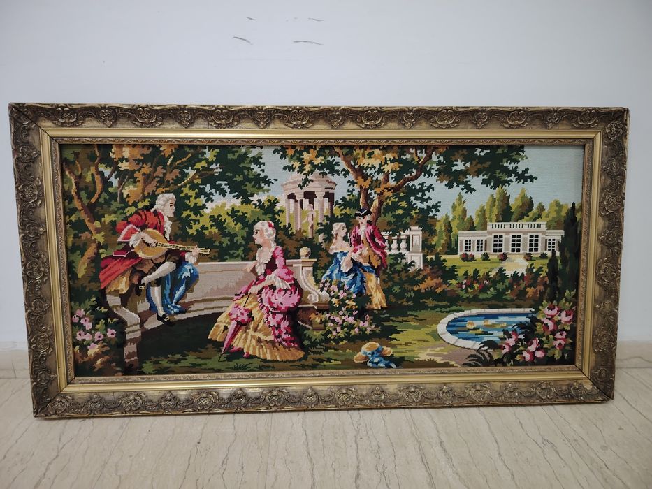 Goblen superb de dimensiuni mari,scena galanta încadrată într-o ra