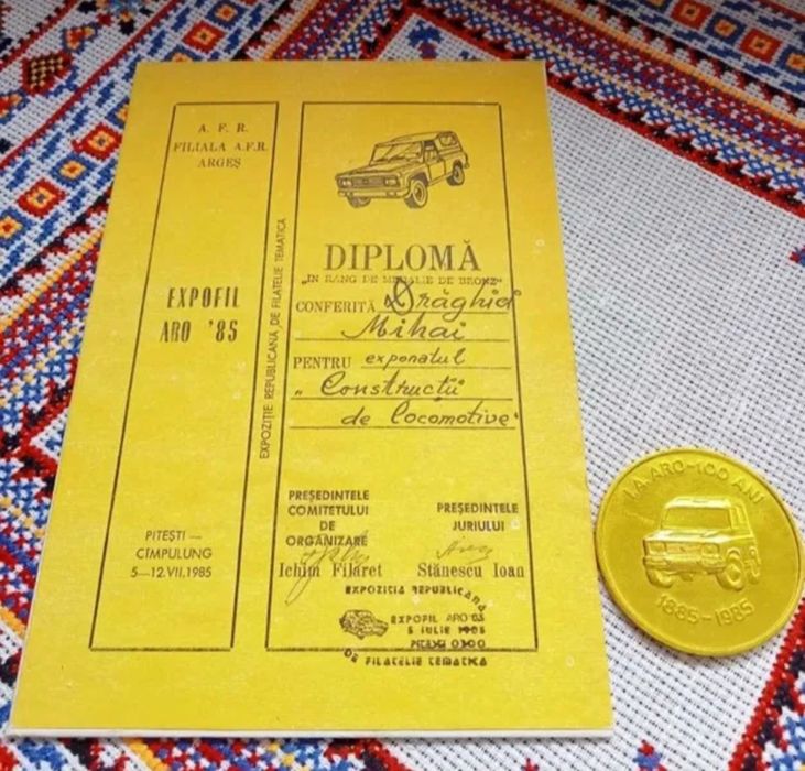 Lot obiecte ARO, Placheta și diploma,expoziția filatelica,Expofil 1985