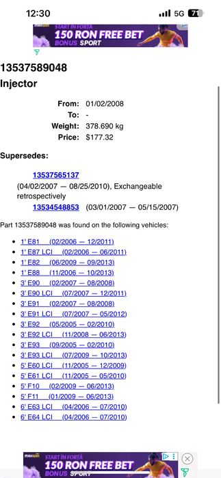 Injector injectoare bmw n43 n53 e87 e82 e90 e92 f10 e63 e93