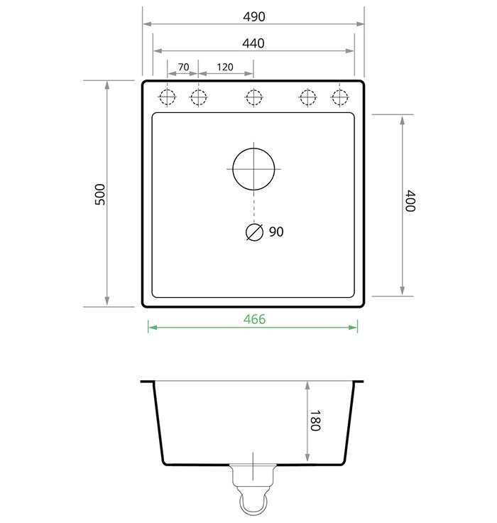 Кухненска Мивка от гранит модел Осло 50 XXL 490 x 500 mm - Черна