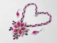Set Crin regal roz, ciclam si mov, unicat, colier si cercei, handmade