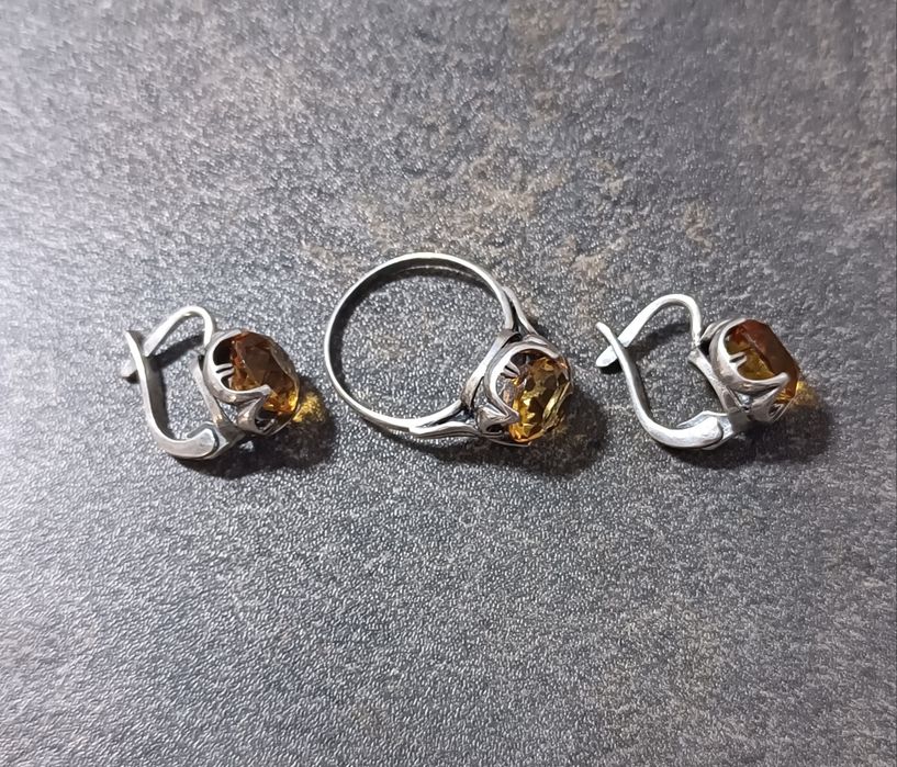 Серебряный  женский комплект с цетрином 925 проба Европа 80е годы