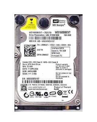 Hard Disk Laptop Sh - Western Digital 160gb Model WD1600BEVT-75ZCT0 ,