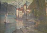Стара картината Шильонският затвор ( замък) маслени бои/ платно
