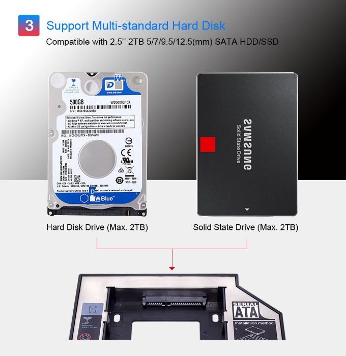 HDD / SSD Caddy - Adaptor CD-ROM la Hard Disk 9.5mm /12.7mm, SATA3, AL