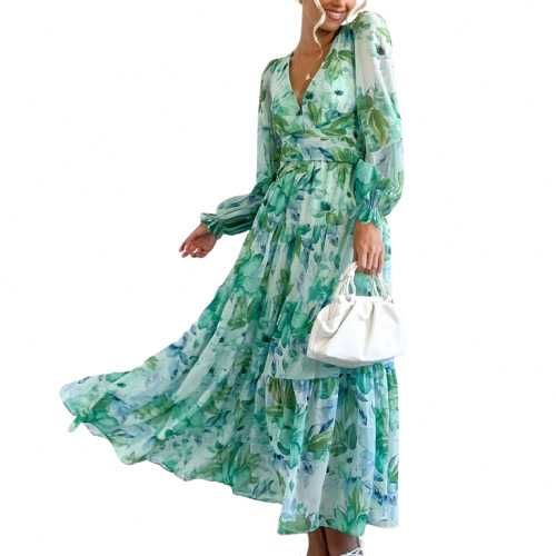 Rochie lunga florala cu decolteu in V si maneci lungi