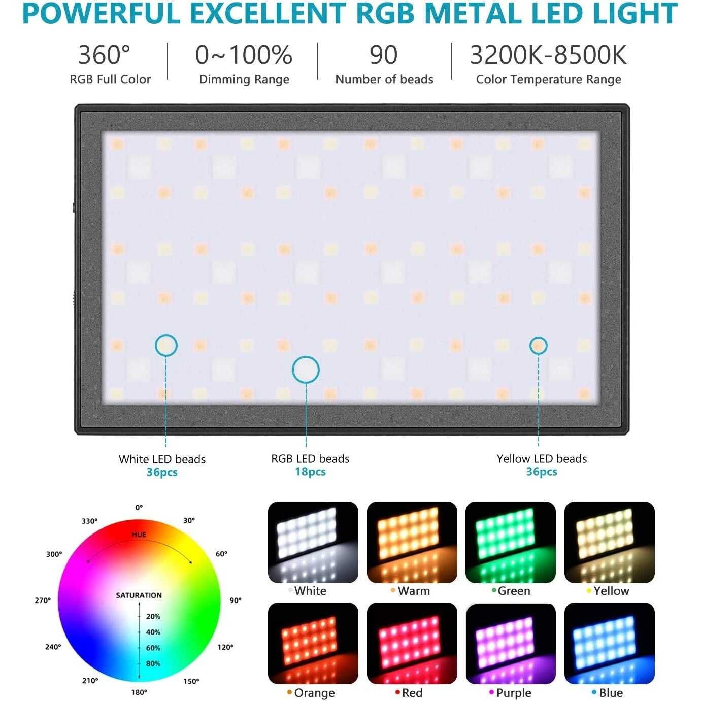 Lampa foto LED RGB, lumina continua, 2000 mAh, luminozitate reglabila