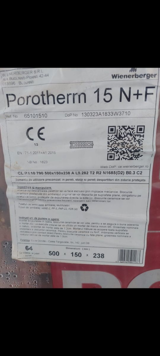 Vand caramida porotherm25 2pal/120buc si caramida porotherm15 N/F 30b