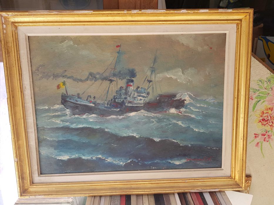 Nicolae Savopol (1905-1982) Tablou Marina - Vapor 70/50cm Ulei/Carton