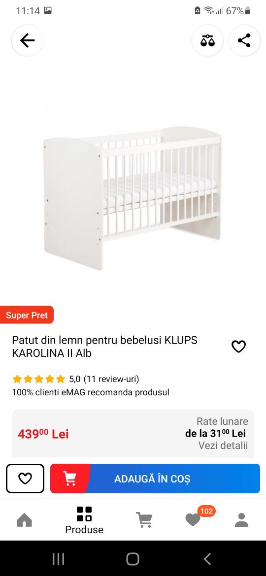 Patut din lemn pt copii cu saltea 120×60