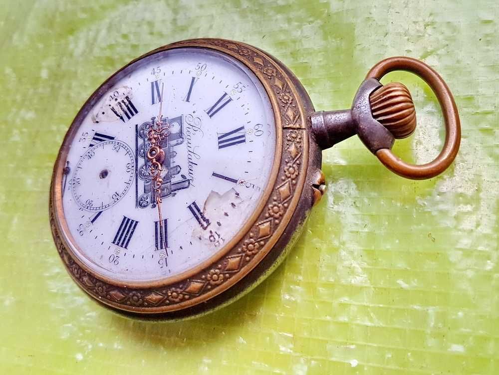 G272-Ceas buzunar mare vechi REGULATEUR sigla cu Tren bronz si metal