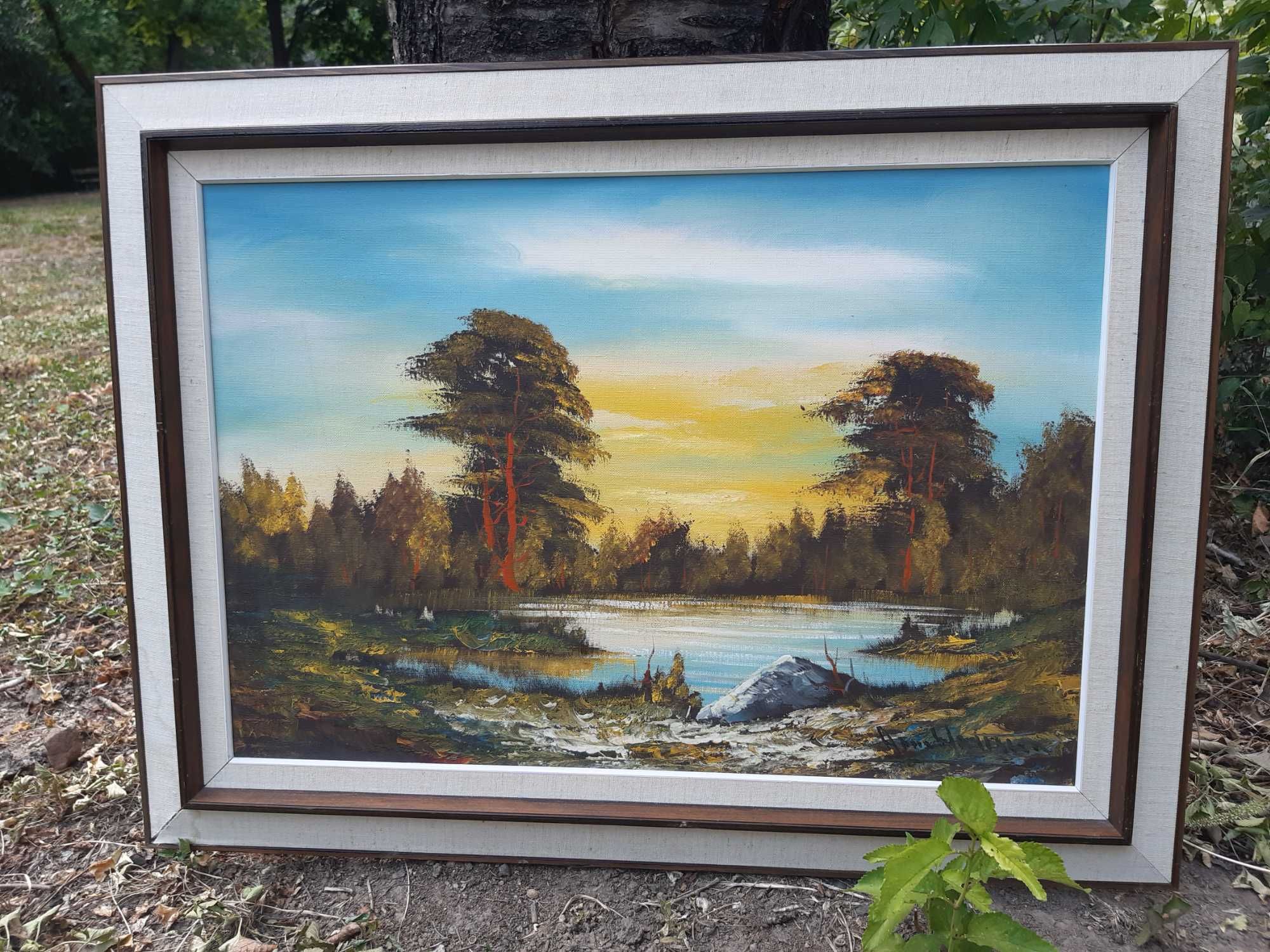 Красива Стара Картина Пейзаж Масло на Платно Масивна Дървена Рамка