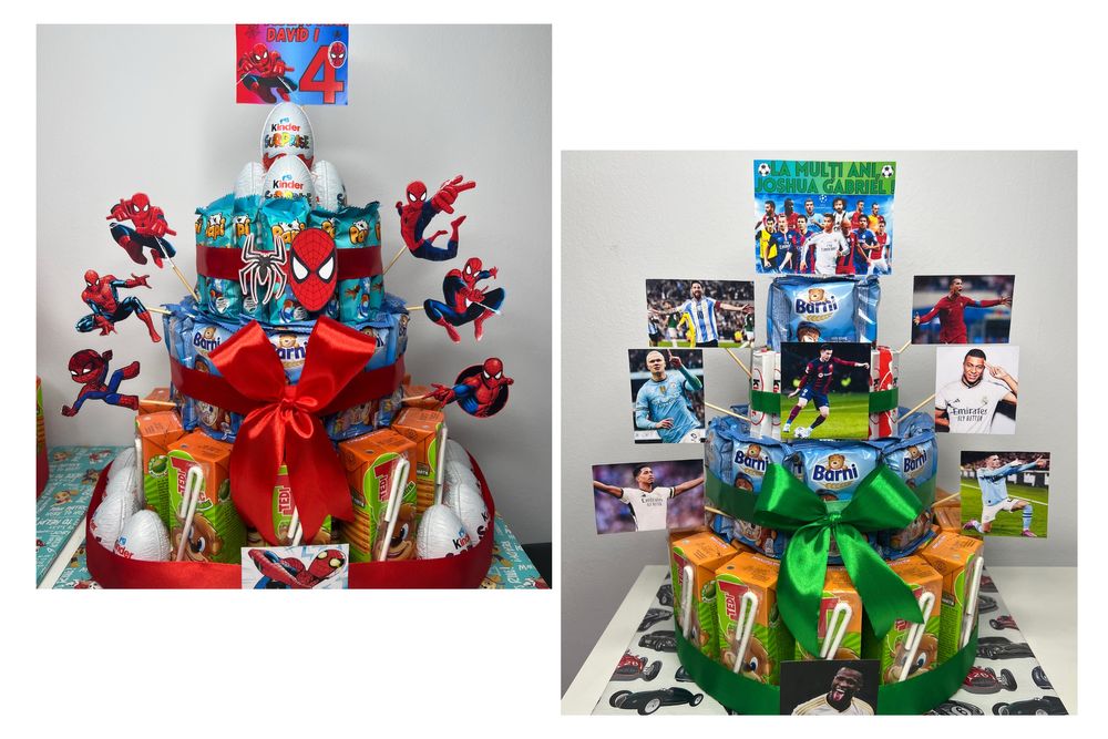 Tort din dulciuri ambalate, cu sucuri, Tedi, Barni, Kinder la alegere