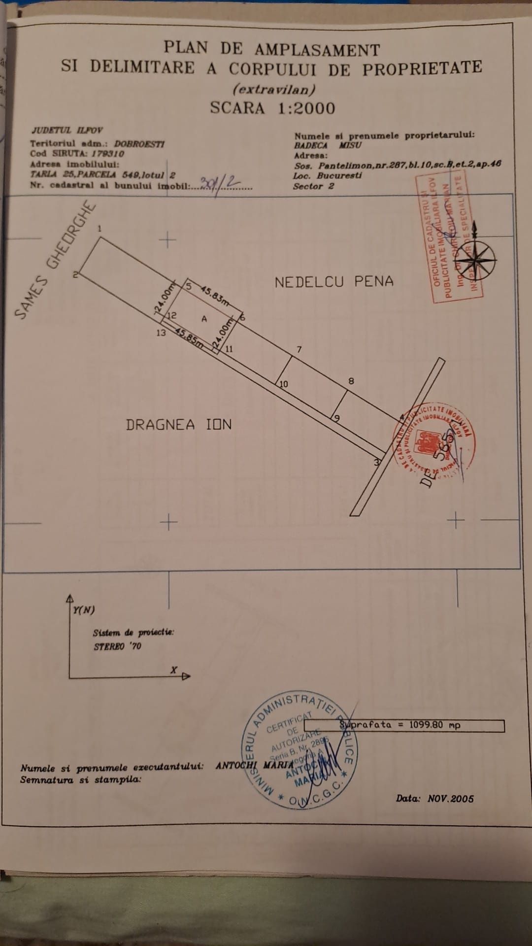 Teren in Dobroesti 1.100 mp cu deschidere de 45m