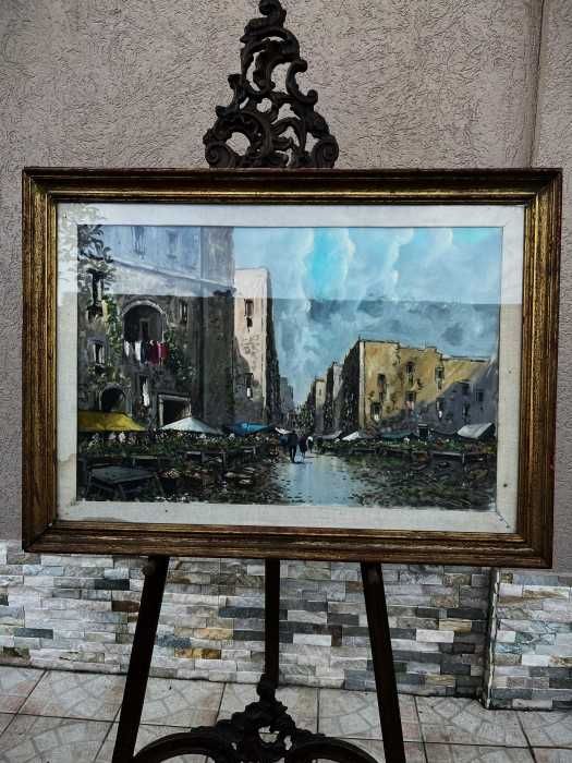 Spectaculoasa pictura in ulei pe panza-Peisaj citadin-semnat-Italia