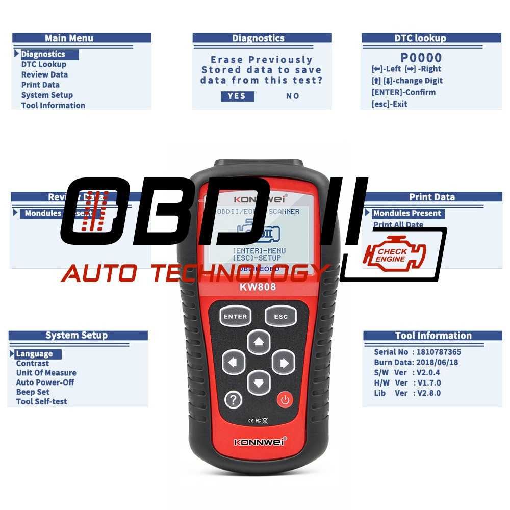 Konnwei KW808 OBD2 Diagnostic Автодиагностика Безпл. доставка Гаранция