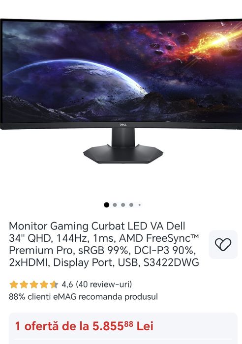 Vând monitor 3k curbat dell 144 hz in garanție Emag!1ms