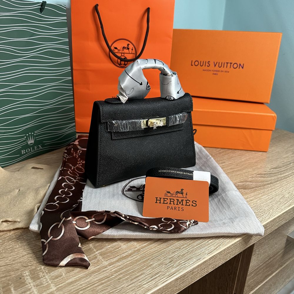 Geanta Hermes Kelly 19cm Black/Piele naturala 100%/Punga/Cutie Hermes
