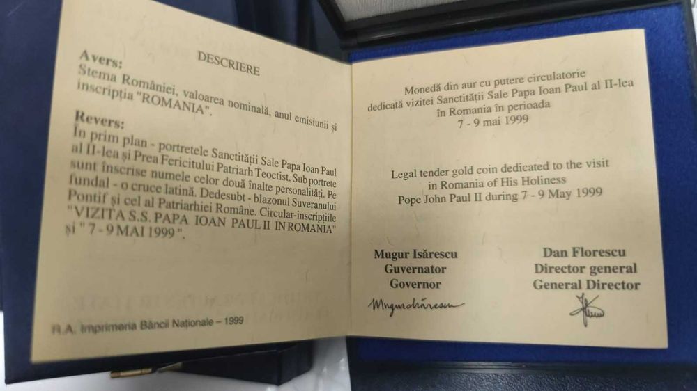Moneda din AUR, BNR - Vizita SS Papa Ioan Paul al II-lea in Romania