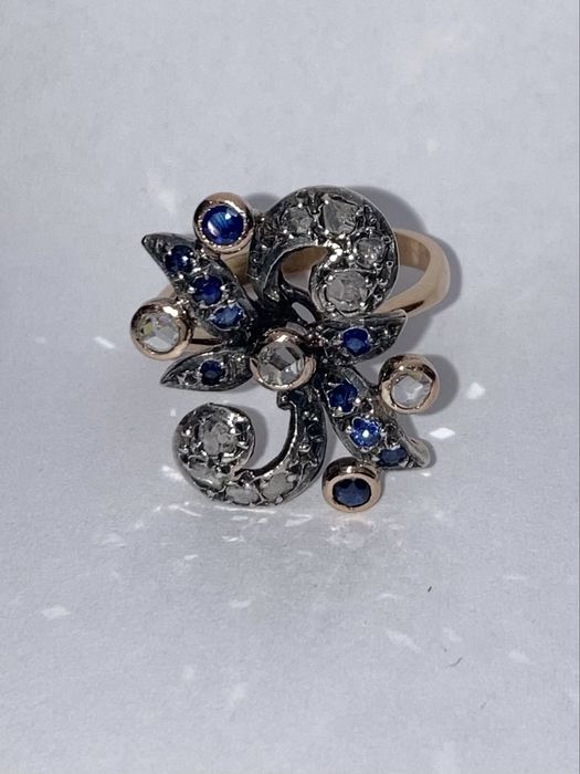 Inel antic aur 18kt.cu diamante si safire