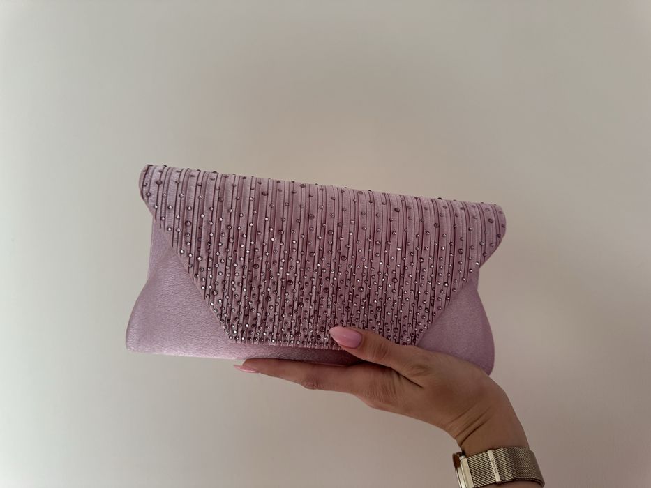 Нова розова клъч чанта, с камъни, подходяща за повод