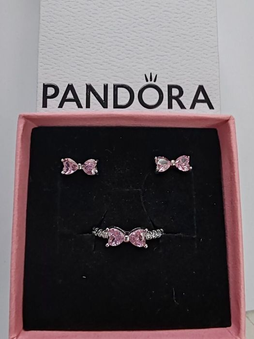 Set Pandora argint 925 funda roz inel colier cercei+cutie pink bow