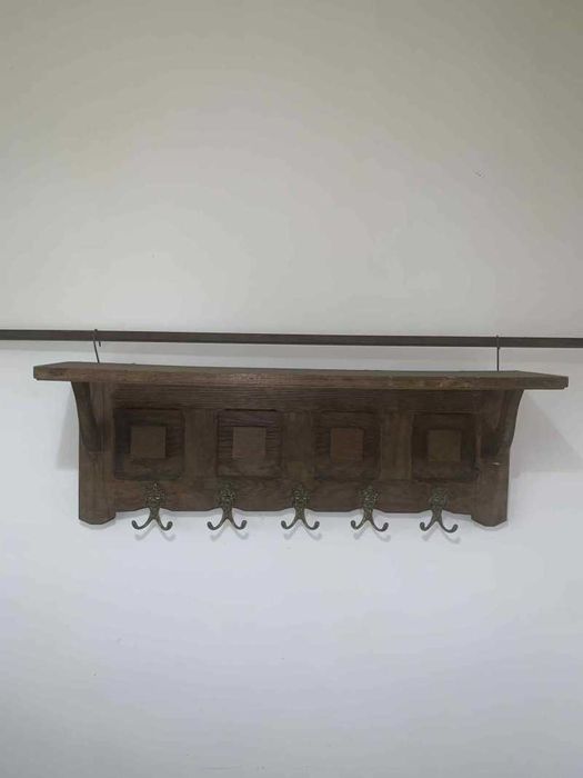 Cuier de perete din lemn masiv 5 carlige din bronz vintage