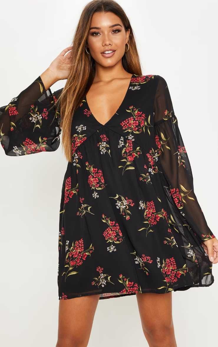 Rochie cu print floral și mâneci evazate, babydoll,Pretty Little Thing