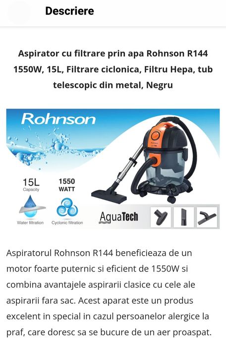Aspirator cu filtrare prin apa Rohnson R144 1550W, 15L, Filtrare ciclo