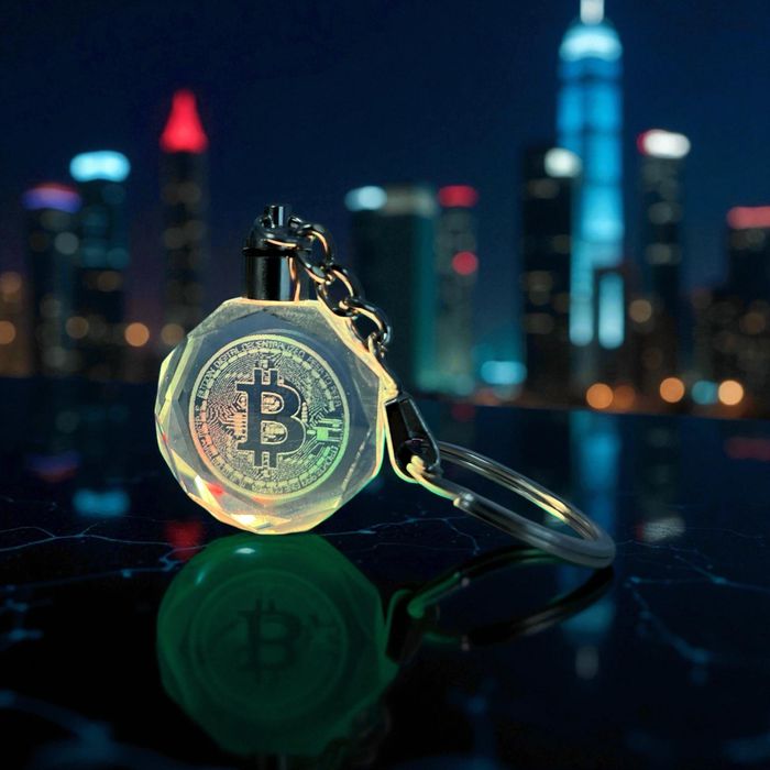 Breloc LED Bitcoin din sticlă – iluminare multicolor, ediție premium