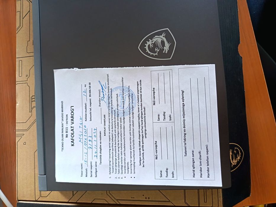 MSI Noutbook 1 yil kafolat
