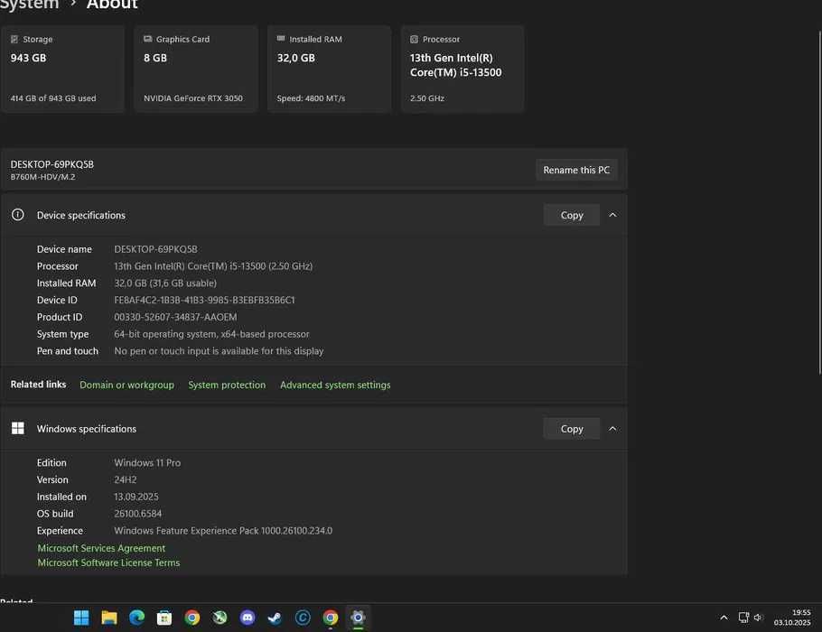 Pc gaming rtx 3050 8 gb i5 13500 14/20 32 gb ram 4800