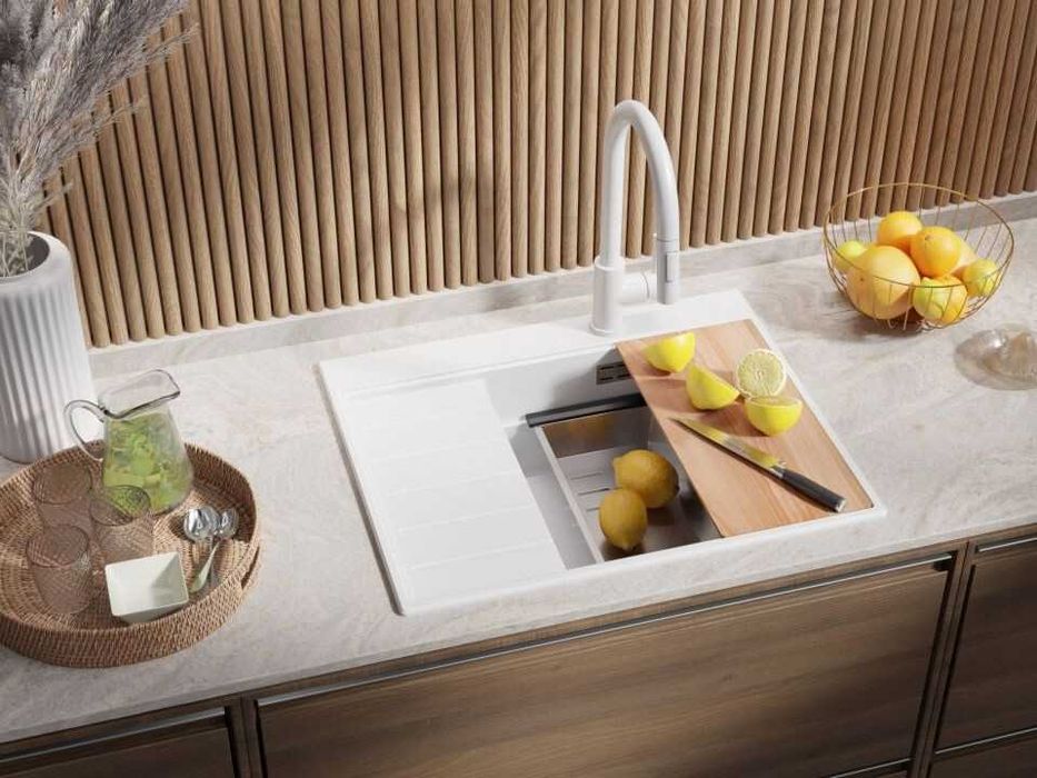 Бяла гранитна кухненска мивка Сидни 620-45 Ergo Multilevel 620х500
