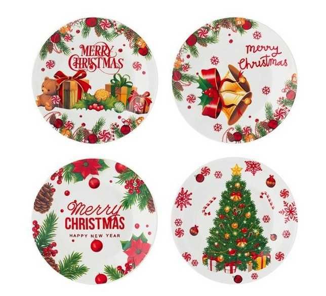 Коледни чинии, порцелан, Елха/ Подаръци, 19 см, 4 бр.