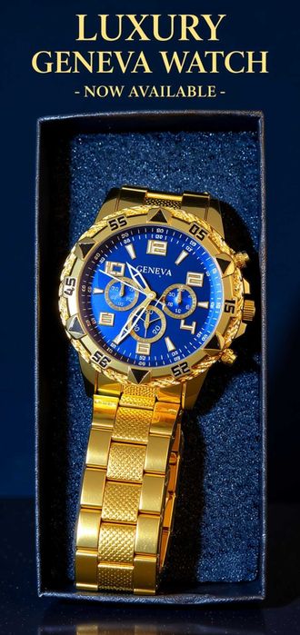 Мъжки луксозен часовник Geneva • Златен корпус • Син циферблат