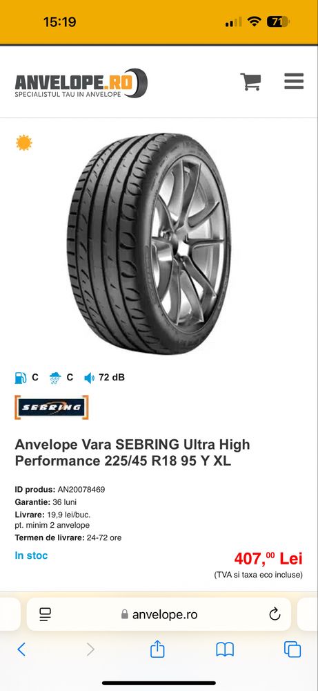 4 Anvelope Vara Sebring Ultra High Performance 225/ 45 R18 95YR18