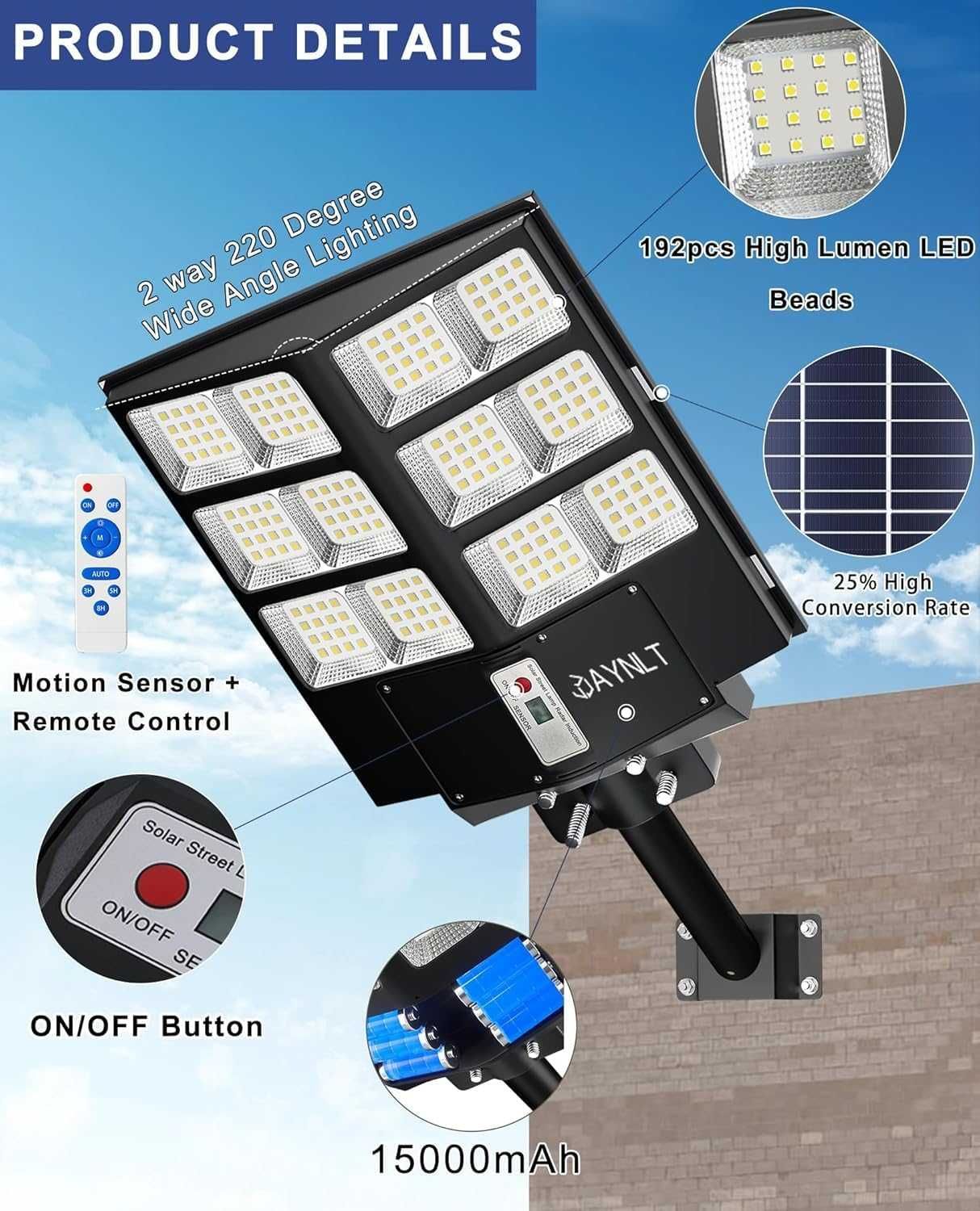 JAYNLT 800W Соларна улична лампа със сензор за движение, дистанционно