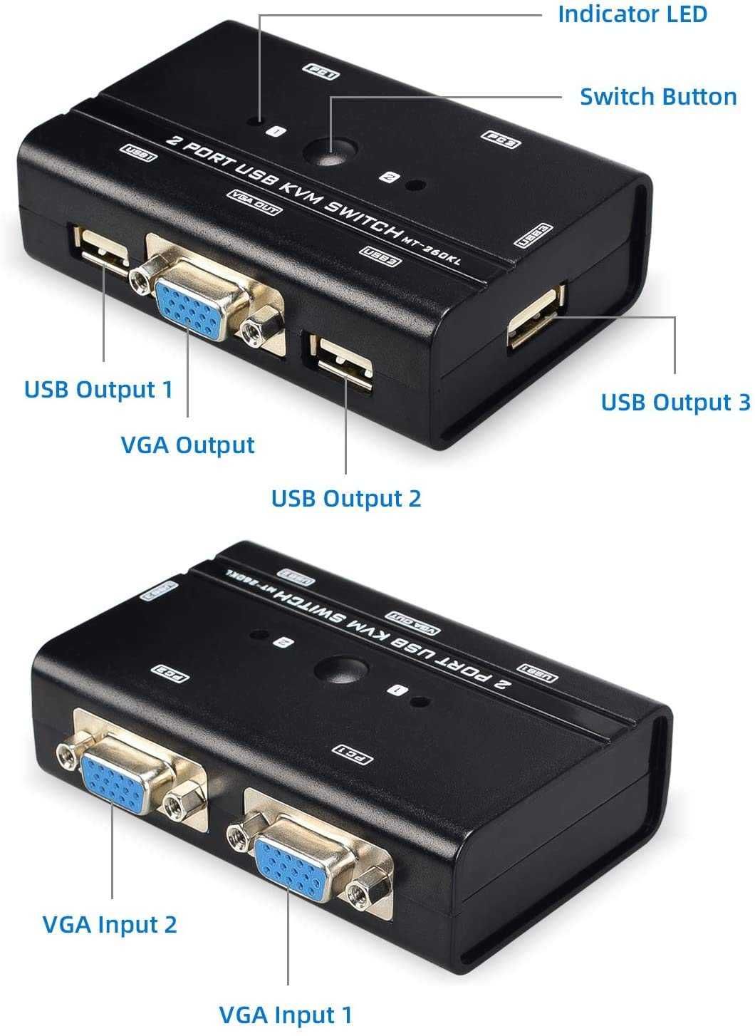 НОВ! VGA KVM превключвател, 1 монитор и 3 USB между 2 компютъра