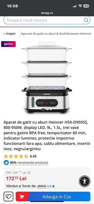 Aparat de gătit cu aburi Heinner