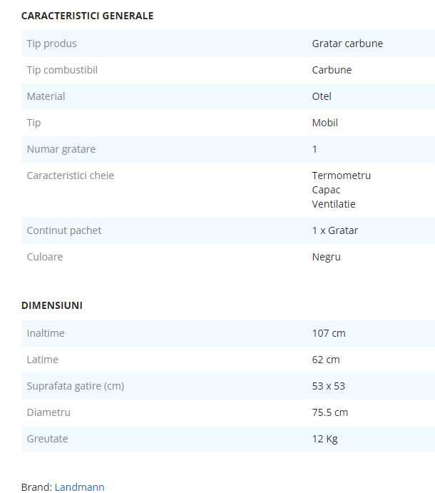 Gratar Landmann GRILLCHEF cu carbuni, 74 x 60 x106 cm, suprafata 53,5