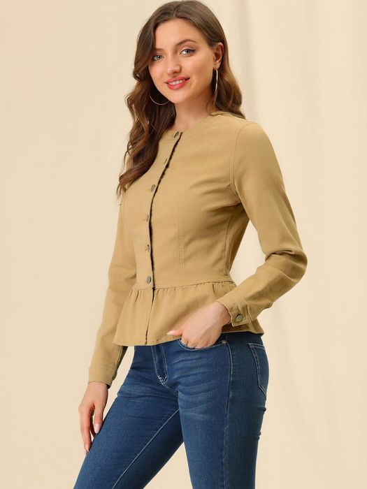 Дамско дънково яке Allegra K, къс модел, цвят Khaki S