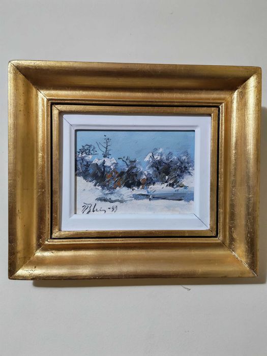Tablou original Blei Nicolae - peisaj de iarna 18,5 x 19 cm, semnat