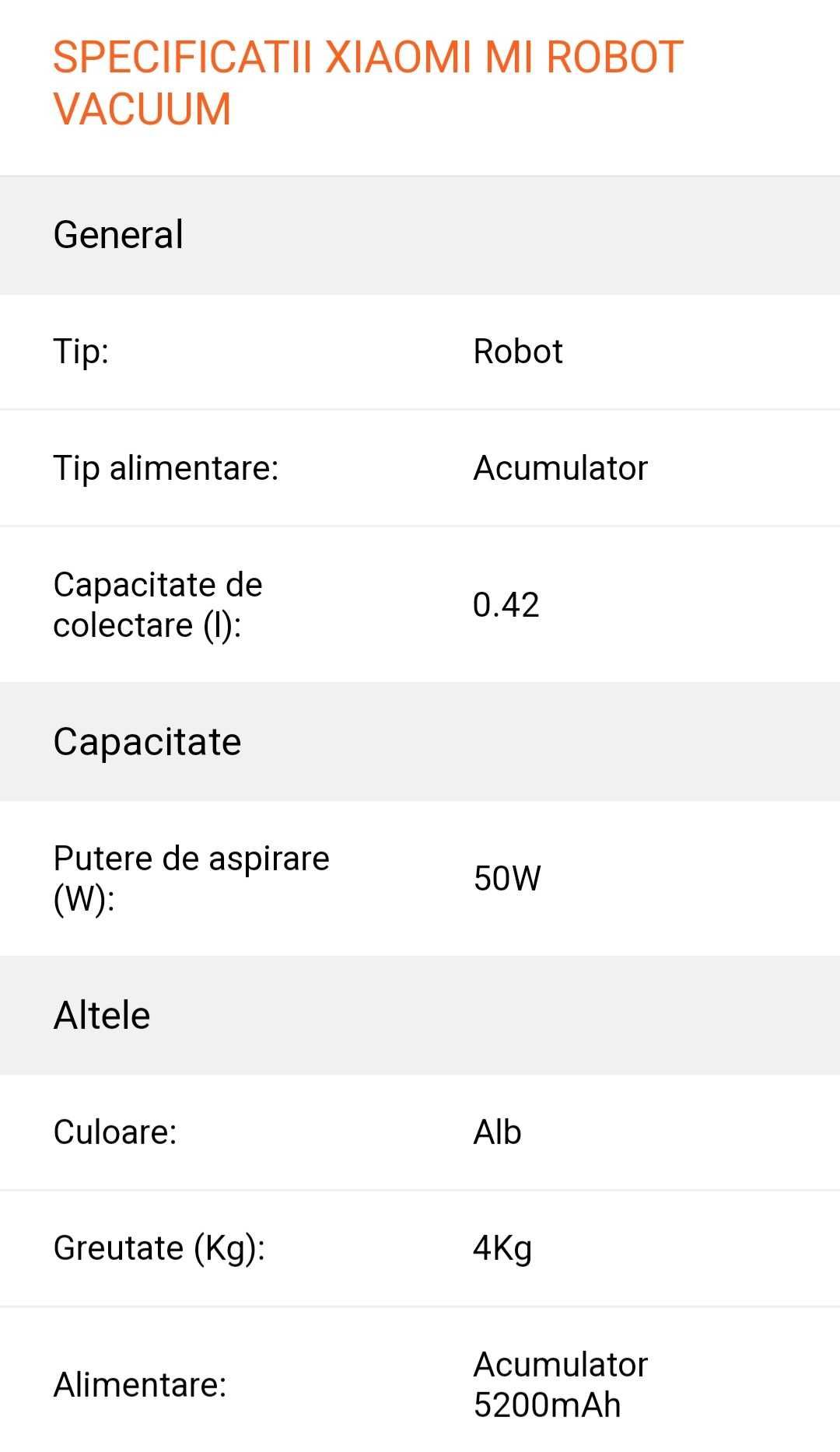 Xiaomi Mi Robot Vacuum,50 W, Clasa A+++ ,5200mAh, 14,4V Smart Vision