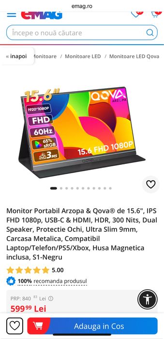 Monitor Portabil Arzopa & Qova® de 15.6", IPS FHD 1080p