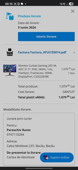 Monitor Curbat Gaming LED VA AOC 31.5", FHD, 240Hz, response time 1ms